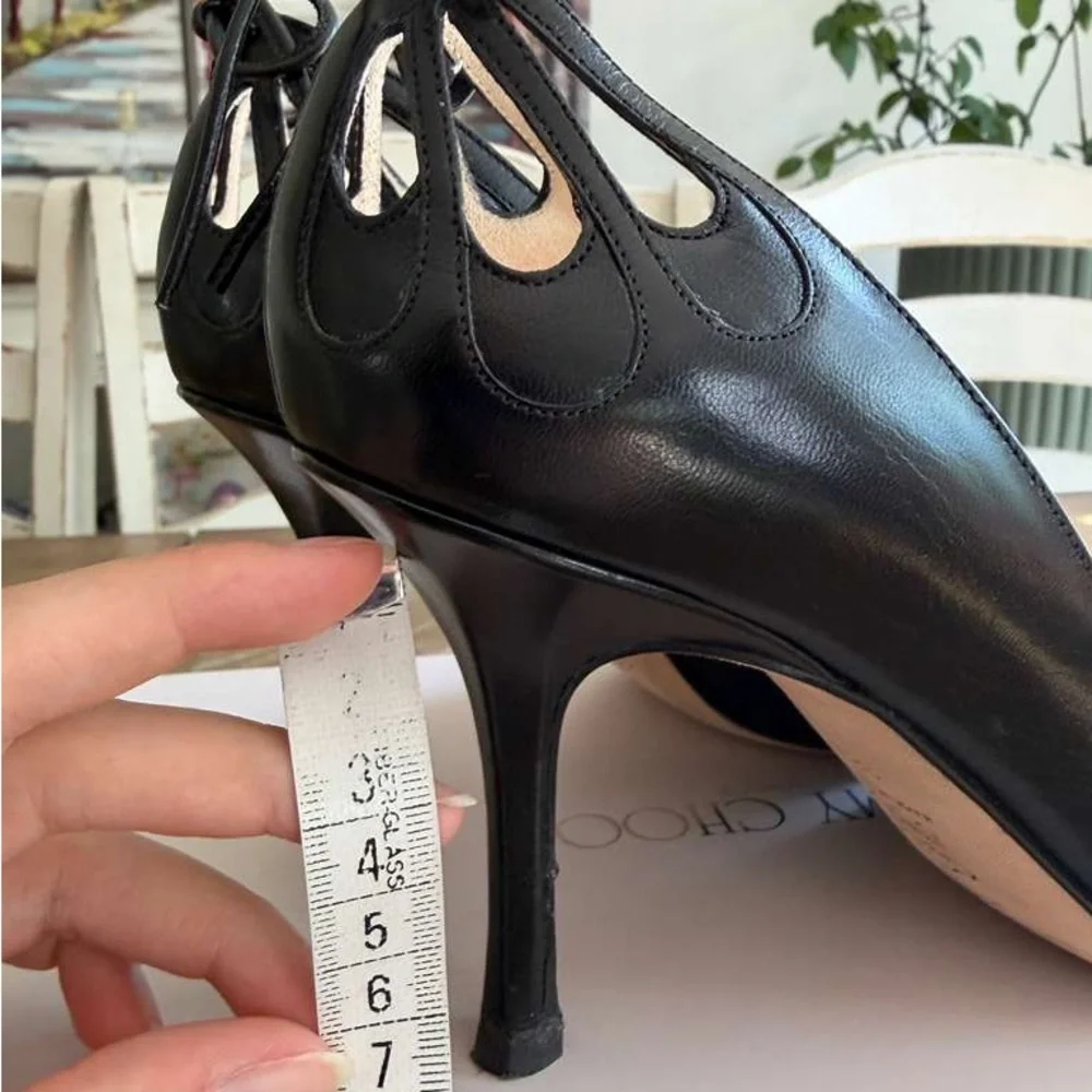 Jimmy Choo Pump Heels Black Leather Pointed Toe Cut Out Bow US 8.5